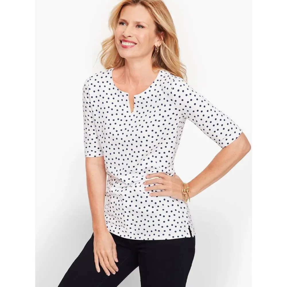 Talbots Women's Polka Dot V-Neck 3/4 Sleeve Tee White/Purple Size‎ Small
